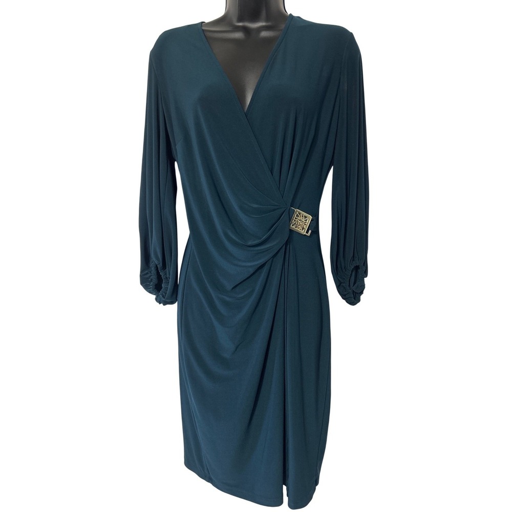 Anne‎ Klein Teal Faux Wrap Dress Long Blouson Sleeve Gold Buckle Sz 6 J02MIAS289
